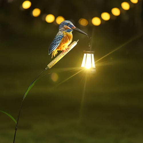 Solar Kingfisher Swaying Reed Garden Stake Light with Hanging Lantern
