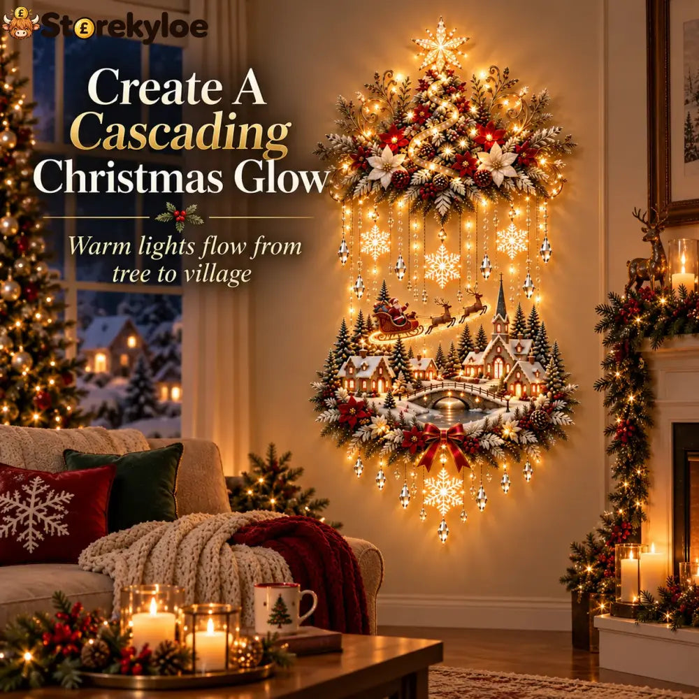 🎄 Illuminated Christmas Tree & Village Wall Hanging | Cascading Warm Lights for Living Rooms Entryways & Staircases ✨