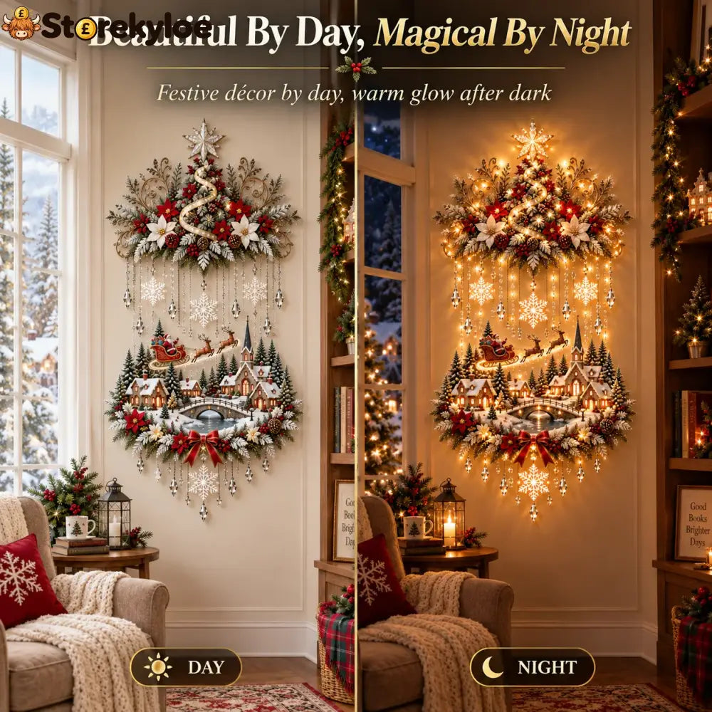 🎄 Illuminated Christmas Tree & Village Wall Hanging | Cascading Warm Lights for Living Rooms Entryways & Staircases ✨