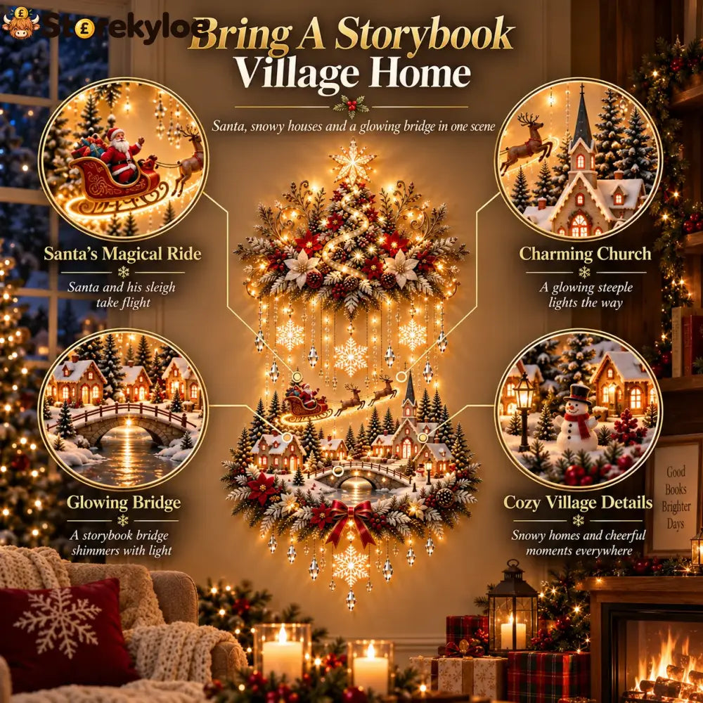 🎄 Illuminated Christmas Tree & Village Wall Hanging | Cascading Warm Lights for Living Rooms Entryways & Staircases ✨