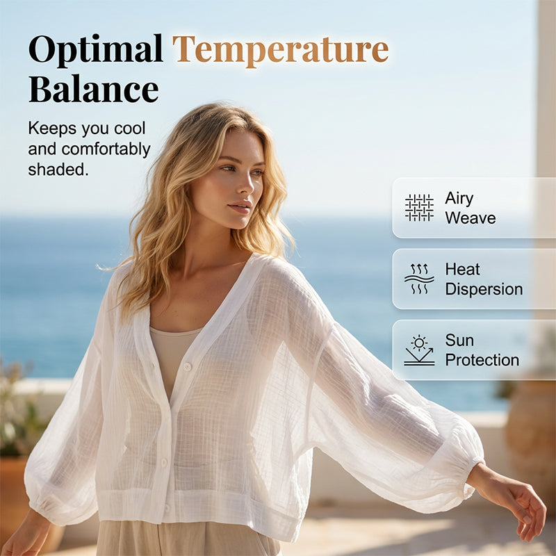 👕✨ Women's Lightweight Sun Protection Shirt – Deep V-Neck, Lantern Sleeves, Sheer Layer ☀️