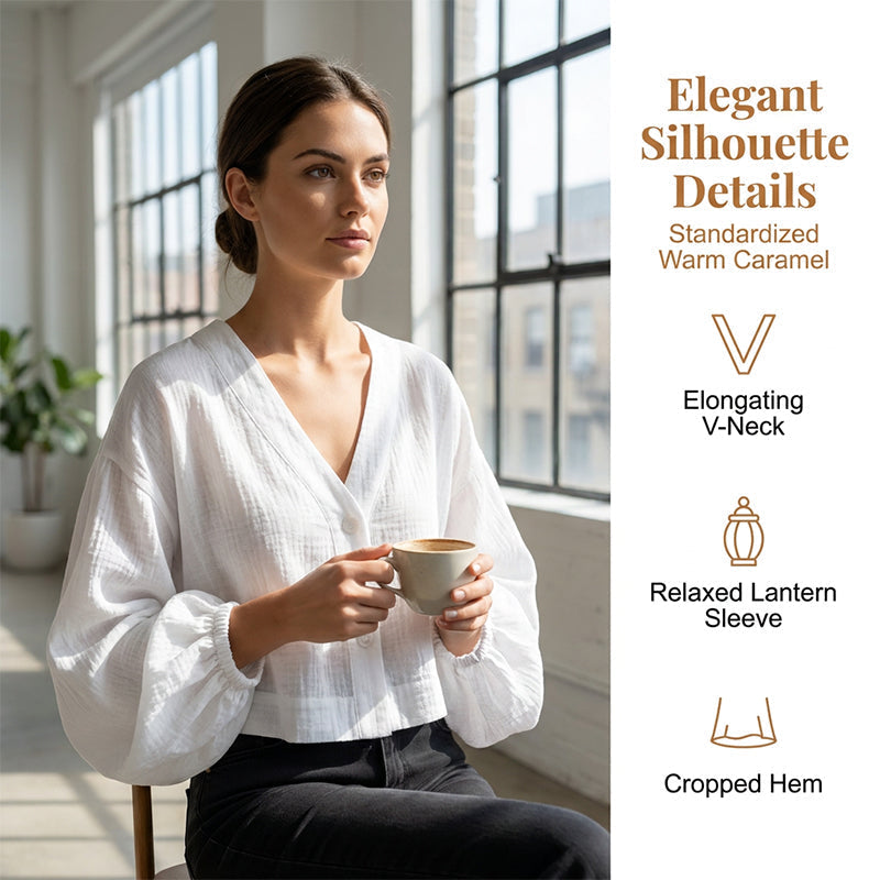 👕✨ Women's Lightweight Sun Protection Shirt – Deep V-Neck, Lantern Sleeves, Sheer Layer ☀️