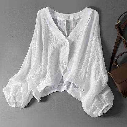 👕✨ Women's Lightweight Sun Protection Shirt – Deep V-Neck, Lantern Sleeves, Sheer Layer ☀️