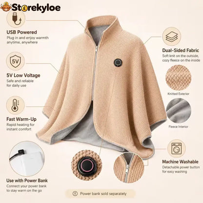 Wearable Heated Shawl 3 Heat Levels Portable Thermal Wrap - Light brown
