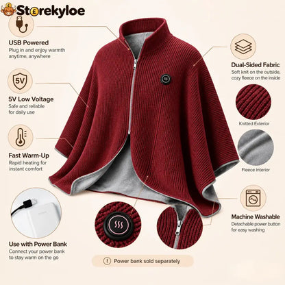 Wearable Heated Shawl 3 Heat Levels Portable Thermal Wrap - red